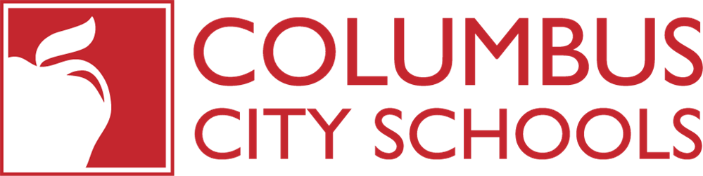 Columbus City Schools logo in red and white with stylized bird emblem