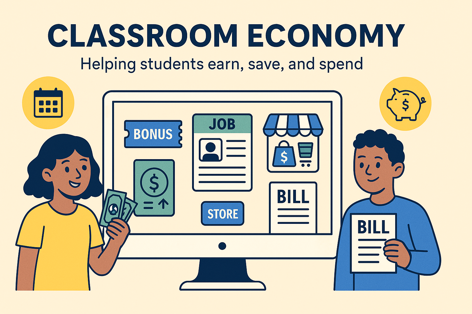 Illustration of two examples engaging in a classroom economy system, with a computer screen showing sections like job, bonus, bill, and store, promoting financial literacy through earning, saving, and spending.